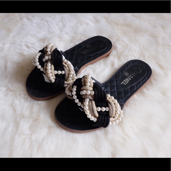 Chanel Black Cruise Pearl Cord CC Mules 38/7-7.5 - Picture 2 of 8